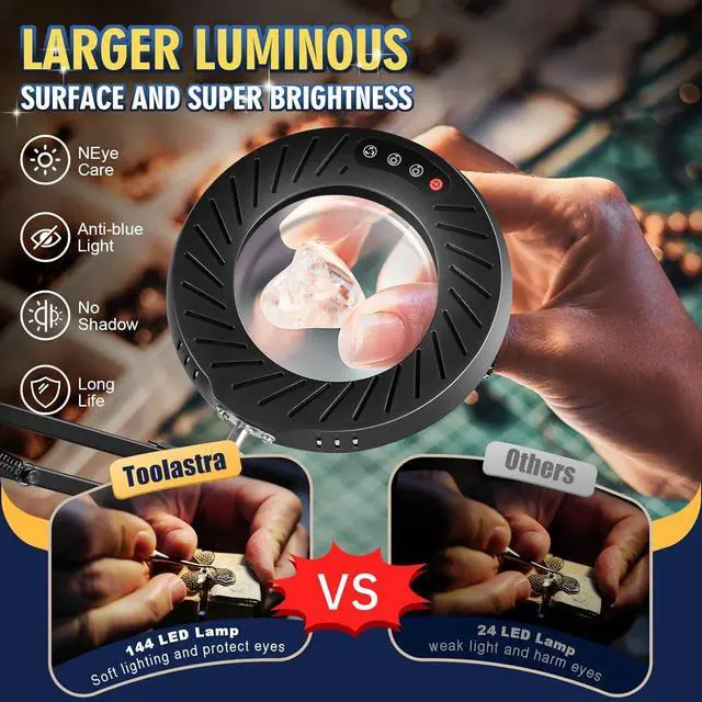 Alt view image 2 of 7 - 12X Magnifying Glass with Light and Stand, 144 LEDs Brightest Desktop Magnifying Lamp, 10 Dimmable Brightness 5 Color Modes, Hands Free Metal Desk Lamp for Craft Reading Painting Hobby Close Work