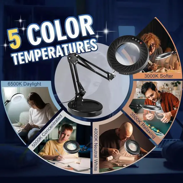Alt view image 4 of 7 - 12X Magnifying Glass with Light and Stand, 144 LEDs Brightest Desktop Magnifying Lamp, 10 Dimmable Brightness 5 Color Modes, Hands Free Metal Desk Lamp for Craft Reading Painting Hobby Close Work