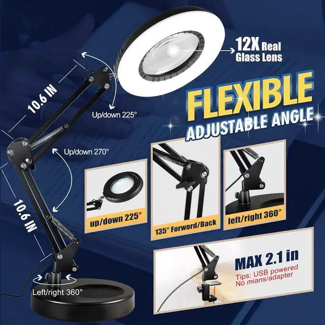 Alt view image 6 of 7 - 12X Magnifying Glass with Light and Stand, 144 LEDs Brightest Desktop Magnifying Lamp, 10 Dimmable Brightness 5 Color Modes, Hands Free Metal Desk Lamp for Craft Reading Painting Hobby Close Work