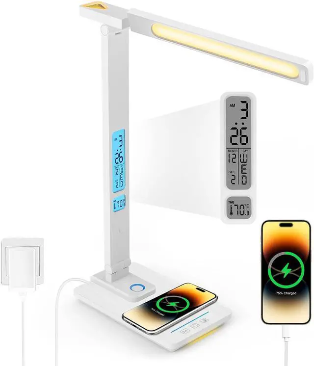 Main image of LED Desk Lamp with Wireless Charger: Desk Lamps for Home Office Bedroom, 5 Color Modes & Brightness Dimmable, 2 Night Light