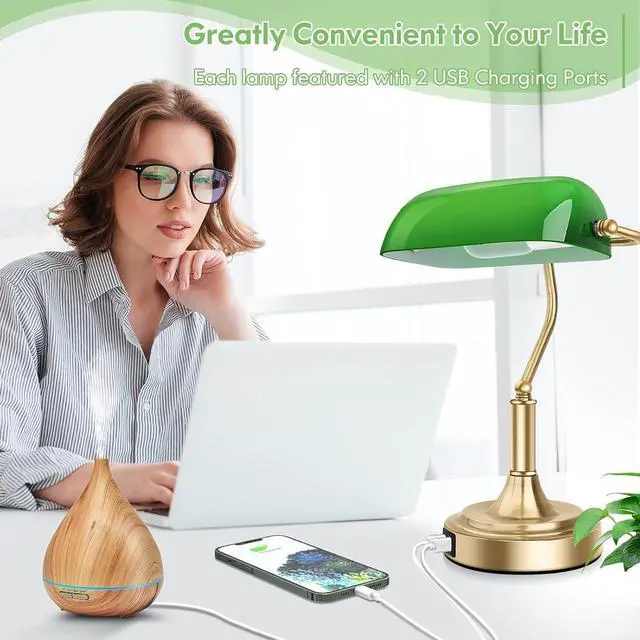 Alt view image 3 of 7 - Bankers Lamp with 2 USB Ports, Touch Control Green Glass Desk Lamp with Brass Base, 3-Way Dimmable Vintage Desk Lamp for Home Office Workplace Nightstand Bedroom Library Piano, LED Bulb Included