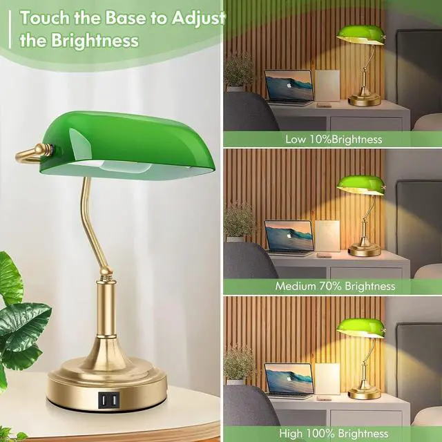 Alt view image 4 of 7 - Bankers Lamp with 2 USB Ports, Touch Control Green Glass Desk Lamp with Brass Base, 3-Way Dimmable Vintage Desk Lamp for Home Office Workplace Nightstand Bedroom Library Piano, LED Bulb Included