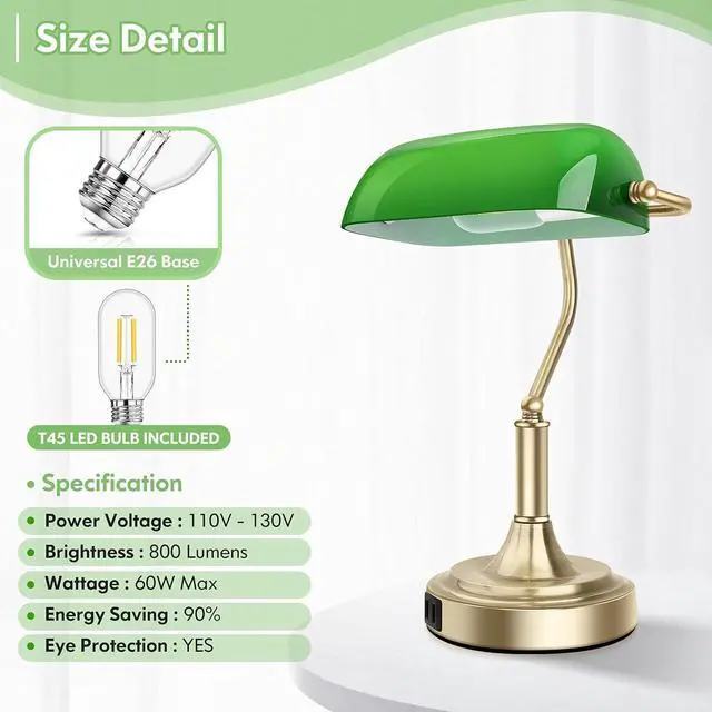 Alt view image 5 of 7 - Bankers Lamp with 2 USB Ports, Touch Control Green Glass Desk Lamp with Brass Base, 3-Way Dimmable Vintage Desk Lamp for Home Office Workplace Nightstand Bedroom Library Piano, LED Bulb Included