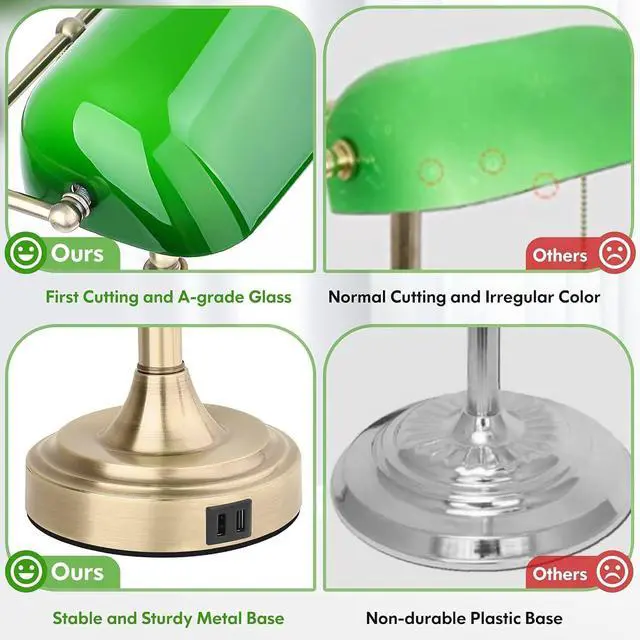 Alt view image 6 of 7 - Bankers Lamp with 2 USB Ports, Touch Control Green Glass Desk Lamp with Brass Base, 3-Way Dimmable Vintage Desk Lamp for Home Office Workplace Nightstand Bedroom Library Piano, LED Bulb Included