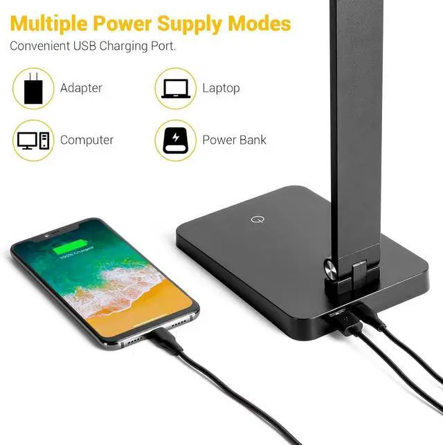 Alt view image 2 of 7 - LED Desk Lamp for Home Office, 3 Levels Dimmable Desk Light with USB Charging Port, Small Study Lamp, Reading Light for Table, Black, 5000K