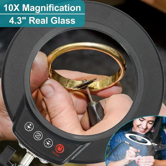 Alt view image 2 of 7 - 10X Magnifying Glass with Light and Stand, 2-in-1 Desk Lamp & Clamp Light, Seylae 5 Color Modes, Brightness Stepless Dimmable LED Lighted Magnifier Hands Free, Magnifier Lamp for Close Work, Reading