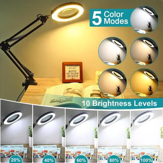 Alt view image 3 of 7 - 10X Magnifying Glass with Light and Stand, 2-in-1 Desk Lamp & Clamp Light, Seylae 5 Color Modes, Brightness Stepless Dimmable LED Lighted Magnifier Hands Free, Magnifier Lamp for Close Work, Reading