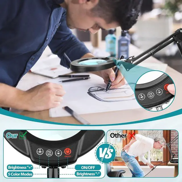 Alt view image 4 of 7 - 10X Magnifying Glass with Light and Stand, 2-in-1 Desk Lamp & Clamp Light, Seylae 5 Color Modes, Brightness Stepless Dimmable LED Lighted Magnifier Hands Free, Magnifier Lamp for Close Work, Reading