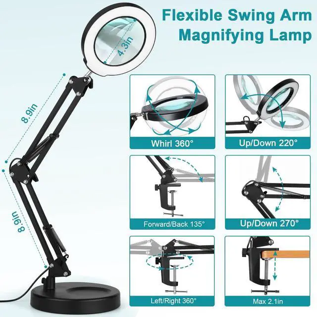 Alt view image 6 of 7 - 10X Magnifying Glass with Light and Stand, 2-in-1 Desk Lamp & Clamp Light, Seylae 5 Color Modes, Brightness Stepless Dimmable LED Lighted Magnifier Hands Free, Magnifier Lamp for Close Work, Reading