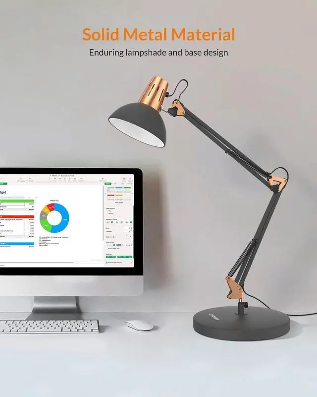 Alt view image 2 of 7 - LEPOWER Metal Desk Lamp, Adjustable Goose Neck Architect Table Lamp with On/Off Switch, Swing Arm Desk Lamp with Clamp, Eye-Caring Reading Lamp for Bedroom, Study Room &Office (Sandy Black)