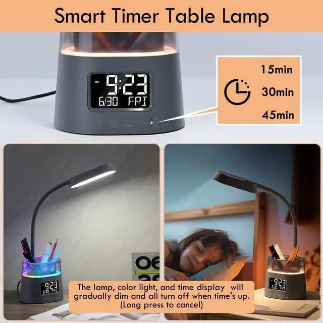 Alt view image 3 of 6 - WILIT LED Desk Lamp for College Dorm Room Essentials, Students Study Lamp with Charging Station, Pen Holder, Clock & RGB Night Light, Office Desk Accessories, Table Lamp for Bedroom - Gray