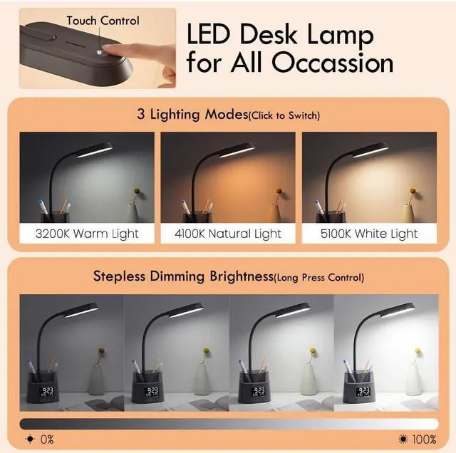 Alt view image 2 of 6 - WILIT LED Desk Lamp for College Dorm Room Essentials, Students Study Lamp with Charging Station, Pen Holder, Clock & RGB Night Light, Office Desk Accessories, Table Lamp for Bedroom - Gray