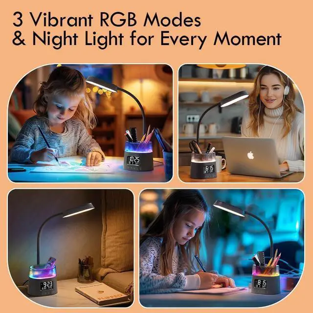 Alt view image 4 of 6 - WILIT LED Desk Lamp for College Dorm Room Essentials, Students Study Lamp with Charging Station, Pen Holder, Clock & RGB Night Light, Office Desk Accessories, Table Lamp for Bedroom - Gray