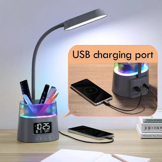 Alt view image 5 of 6 - WILIT LED Desk Lamp for College Dorm Room Essentials, Students Study Lamp with Charging Station, Pen Holder, Clock & RGB Night Light, Office Desk Accessories, Table Lamp for Bedroom - Gray