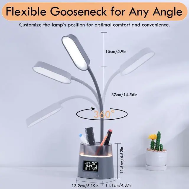 Alt view image 6 of 6 - WILIT LED Desk Lamp for College Dorm Room Essentials, Students Study Lamp with Charging Station, Pen Holder, Clock & RGB Night Light, Office Desk Accessories, Table Lamp for Bedroom - Gray