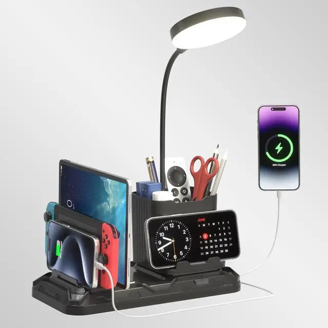 Main image of KDD Desk Lamp with USB A&C Charger Ports - Reading Desktop Light with Pen & Phone Holder - Adjustable Brightness Lights with Device Slots - 360°Gooseneck Table Lamp for Home Office College Dorm Room