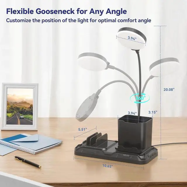 Alt view image 4 of 7 - KDD Desk Lamp with USB A&C Charger Ports - Reading Desktop Light with Pen & Phone Holder - Adjustable Brightness Lights with Device Slots - 360°Gooseneck Table Lamp for Home Office College Dorm Room