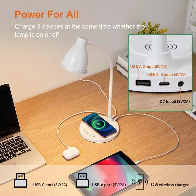 Alt view image 2 of 7 - BOHON Desk Lamp for Home Office, LED Desk Light with USB C+A Charging Ports, Wireless Charger, 5 Colors Stepless Dimming Reading Light Timer, Touch Bedside Table Lamp for College Dorm Room White