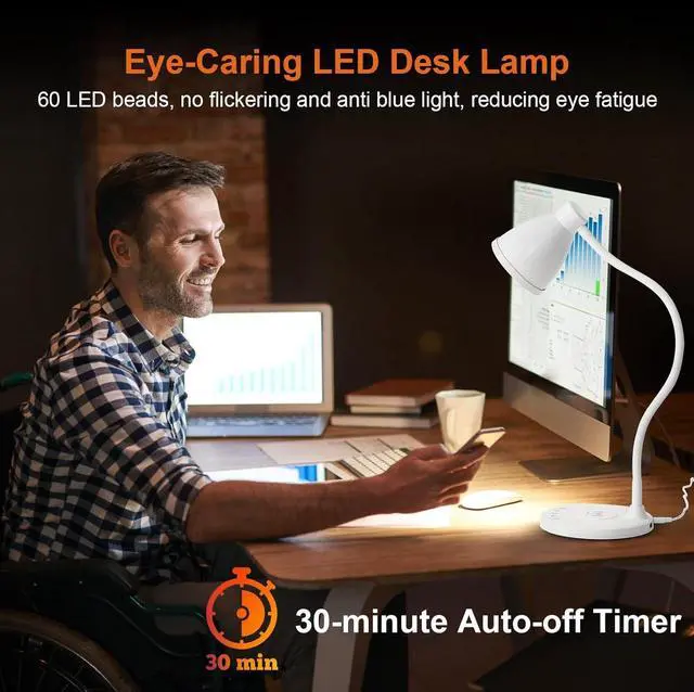 Alt view image 3 of 7 - BOHON Desk Lamp for Home Office, LED Desk Light with USB C+A Charging Ports, Wireless Charger, 5 Colors Stepless Dimming Reading Light Timer, Touch Bedside Table Lamp for College Dorm Room White