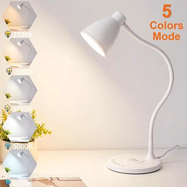 Alt view image 4 of 7 - BOHON Desk Lamp for Home Office, LED Desk Light with USB C+A Charging Ports, Wireless Charger, 5 Colors Stepless Dimming Reading Light Timer, Touch Bedside Table Lamp for College Dorm Room White