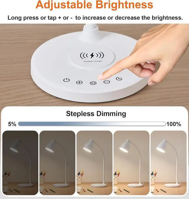 Alt view image 5 of 7 - BOHON Desk Lamp for Home Office, LED Desk Light with USB C+A Charging Ports, Wireless Charger, 5 Colors Stepless Dimming Reading Light Timer, Touch Bedside Table Lamp for College Dorm Room White