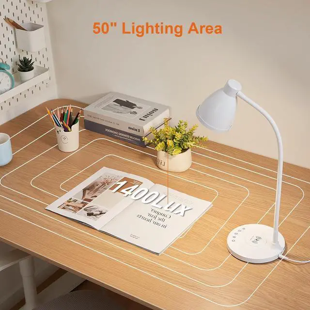Alt view image 6 of 7 - BOHON Desk Lamp for Home Office, LED Desk Light with USB C+A Charging Ports, Wireless Charger, 5 Colors Stepless Dimming Reading Light Timer, Touch Bedside Table Lamp for College Dorm Room White