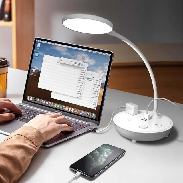 Main image of Small LED Desk Lamp with 2 USB Ports and 2 Outlets Task Lamp Flexible Gooseneck Table Lamp 3 Brightness Modes Adjustable Eye-Care Reading Light 6.67 Feet Extension Cord for Home Bedside and Office