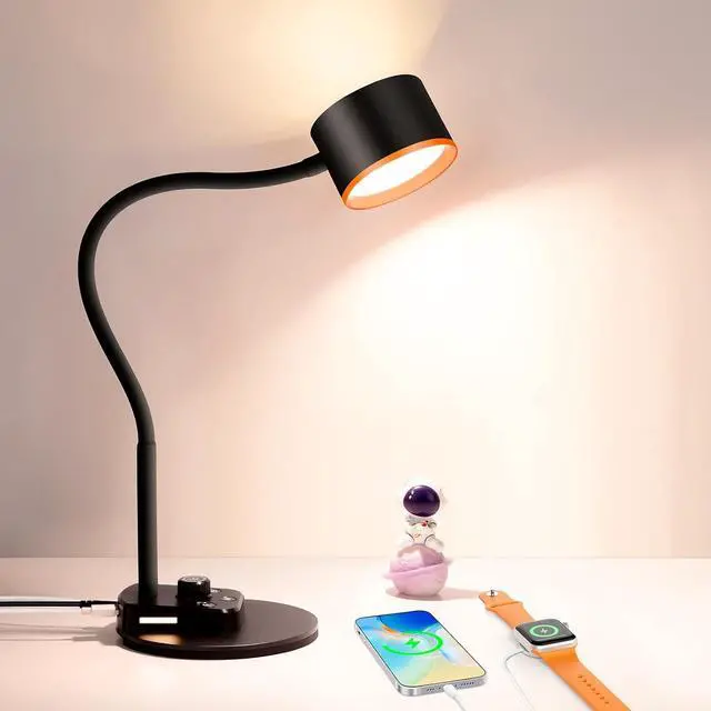 Main image of Desk Lamp, LED Desk Lamp with USB C + A Charging Ports, 5 Colors Fully Dimmable Eye Care Reading Lamp for Bedside Table Full Metal Efficient Gooseneck Table Lamp for Home Office Black