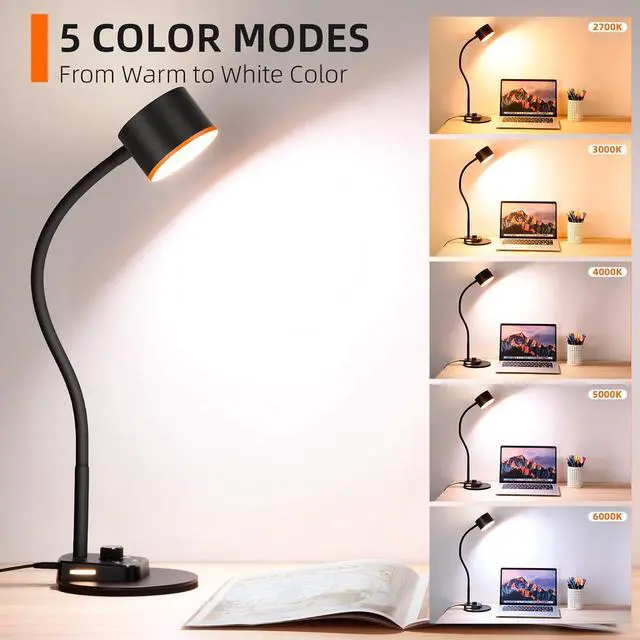 Alt view image 2 of 7 - Desk Lamp, LED Desk Lamp with USB C + A Charging Ports, 5 Colors Fully Dimmable Eye Care Reading Lamp for Bedside Table Full Metal Efficient Gooseneck Table Lamp for Home Office Black