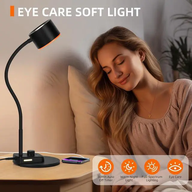 Alt view image 3 of 7 - Desk Lamp, LED Desk Lamp with USB C + A Charging Ports, 5 Colors Fully Dimmable Eye Care Reading Lamp for Bedside Table Full Metal Efficient Gooseneck Table Lamp for Home Office Black