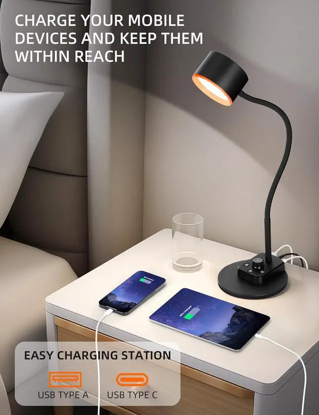 Alt view image 4 of 7 - Desk Lamp, LED Desk Lamp with USB C + A Charging Ports, 5 Colors Fully Dimmable Eye Care Reading Lamp for Bedside Table Full Metal Efficient Gooseneck Table Lamp for Home Office Black