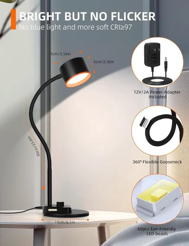 Alt view image 5 of 7 - Desk Lamp, LED Desk Lamp with USB C + A Charging Ports, 5 Colors Fully Dimmable Eye Care Reading Lamp for Bedside Table Full Metal Efficient Gooseneck Table Lamp for Home Office Black