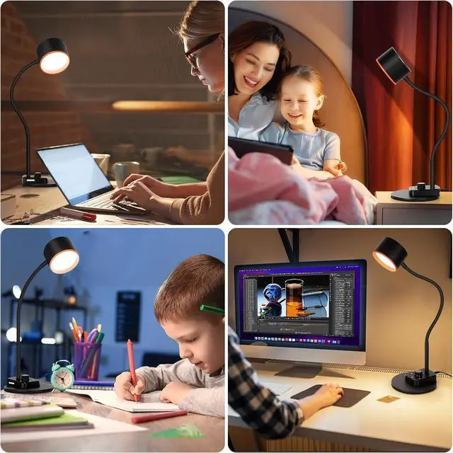 Alt view image 6 of 7 - Desk Lamp, LED Desk Lamp with USB C + A Charging Ports, 5 Colors Fully Dimmable Eye Care Reading Lamp for Bedside Table Full Metal Efficient Gooseneck Table Lamp for Home Office Black