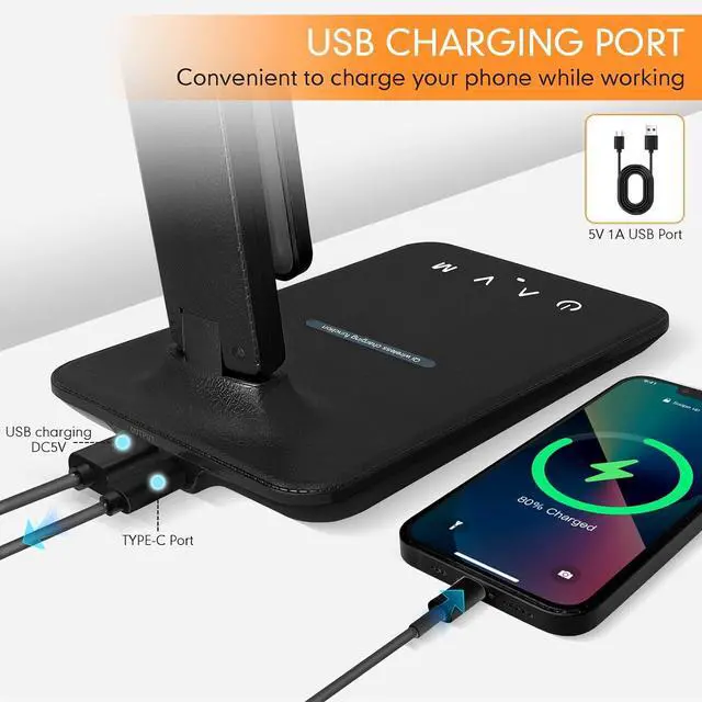 Alt view image 6 of 7 - White crown LED Desk Lamp with 15W Wireless Charger & USB Port, Dimmable Table Lamp with 5 Lighting Modes, Sensitive Touch Control, Foldable & Portable Desk Light for Home, Office, Bedroom, Reading
