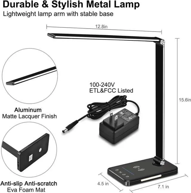 Alt view image 6 of 7 - AFROG 8-in-1 4th Gen Multifunctional LED Desk Lamp with 10W Fast Wireless Charger,USB Charging Port,1200Lux Super Bright,5 Lighting Mode,7 Brightness 40 Min Timer,Night Light Function,5000K