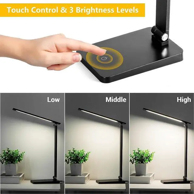Alt view image 3 of 7 - LED Desk Lamp for Home Office, 3 Levels Dimmable Desk Light with USB Charging Port, Small Study Lamp, Reading Light for Table, Black, 5000K