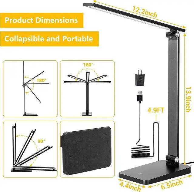 Alt view image 4 of 7 - LED Desk Lamp for Home Office, 3 Levels Dimmable Desk Light with USB Charging Port, Small Study Lamp, Reading Light for Table, Black, 5000K