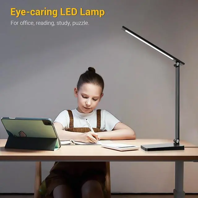 Alt view image 5 of 7 - LED Desk Lamp for Home Office, 3 Levels Dimmable Desk Light with USB Charging Port, Small Study Lamp, Reading Light for Table, Black, 5000K