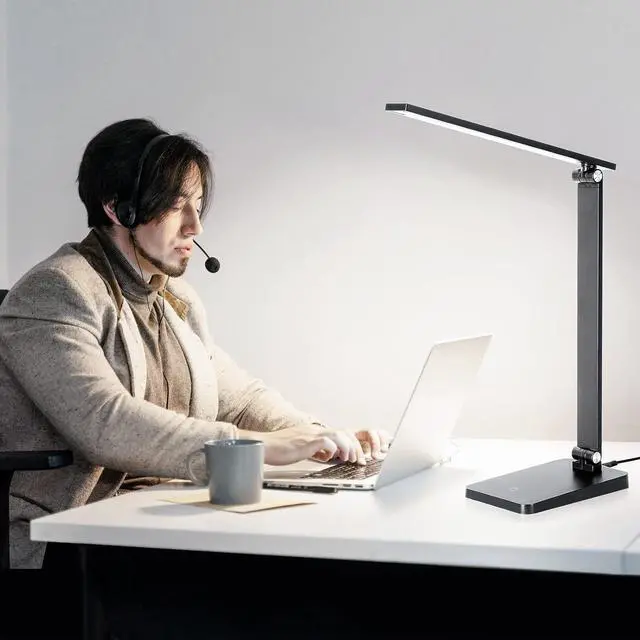 Alt view image 6 of 7 - LED Desk Lamp for Home Office, 3 Levels Dimmable Desk Light with USB Charging Port, Small Study Lamp, Reading Light for Table, Black, 5000K