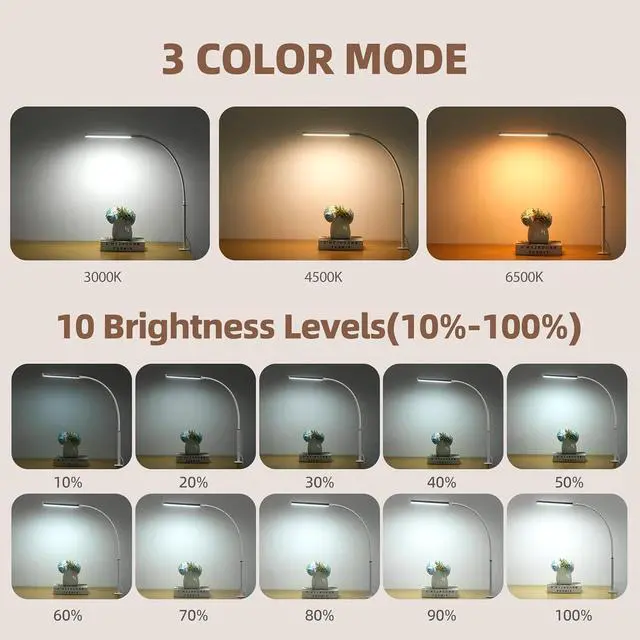 Alt view image 2 of 6 - Led Desk Lamp for Home Office, Eye-Caring Desk Light with Clamp, Clip on Light for Reading, 3 Modes 10 Brightness, Flexible Gooseneck, Memory Function, Study, Work, Draw, White