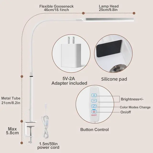 Alt view image 4 of 6 - Led Desk Lamp for Home Office, Eye-Caring Desk Light with Clamp, Clip on Light for Reading, 3 Modes 10 Brightness, Flexible Gooseneck, Memory Function, Study, Work, Draw, White