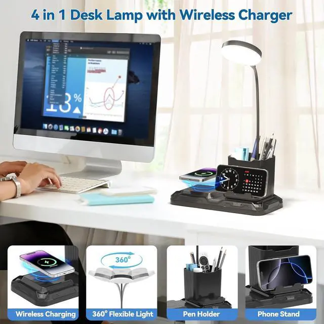 Alt view image 2 of 7 - KDD 4 in 1 Desk Lamp with Wireless Charger - 360° Rotating Gooseneck Small Table Lamp with Pen Holder & Phone Stand, Adjustable White and Warm Light Dual Mode LED Desk Light for College Dorm Room