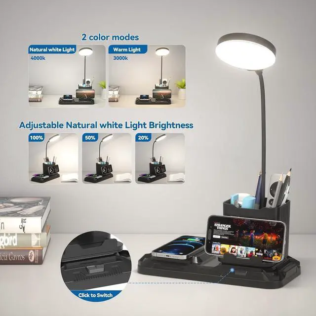 Alt view image 4 of 7 - KDD 4 in 1 Desk Lamp with Wireless Charger - 360° Rotating Gooseneck Small Table Lamp with Pen Holder & Phone Stand, Adjustable White and Warm Light Dual Mode LED Desk Light for College Dorm Room