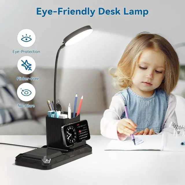 Alt view image 5 of 7 - KDD 4 in 1 Desk Lamp with Wireless Charger - 360° Rotating Gooseneck Small Table Lamp with Pen Holder & Phone Stand, Adjustable White and Warm Light Dual Mode LED Desk Light for College Dorm Room