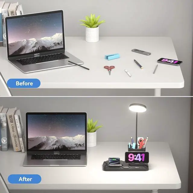 Alt view image 6 of 7 - KDD 4 in 1 Desk Lamp with Wireless Charger - 360° Rotating Gooseneck Small Table Lamp with Pen Holder & Phone Stand, Adjustable White and Warm Light Dual Mode LED Desk Light for College Dorm Room