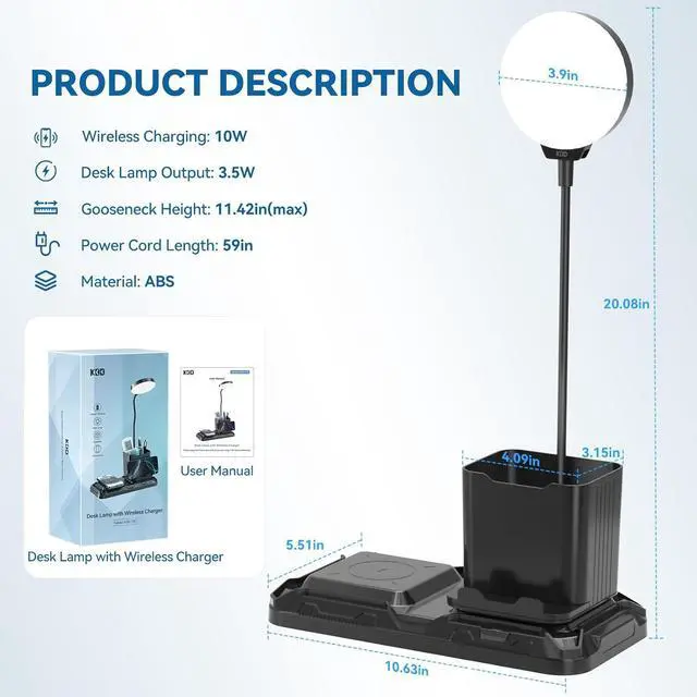 Alt view image 7 of 7 - KDD 4 in 1 Desk Lamp with Wireless Charger - 360° Rotating Gooseneck Small Table Lamp with Pen Holder & Phone Stand, Adjustable White and Warm Light Dual Mode LED Desk Light for College Dorm Room