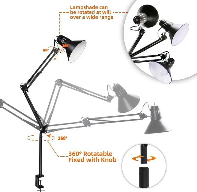 Alt view image 5 of 7 - Hypool Desk Lamp w/A19 E26 LED Bulb for Home Office Eye-Caring Metal Extra Tall Swing Arm High Intensity Clamp Flexible Gooseneck Side Table Working Reading Computer Workbench 5000K White Light
