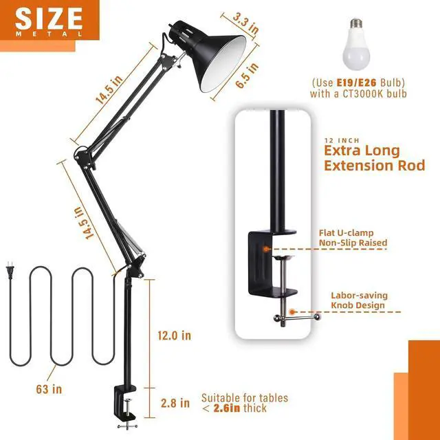 Alt view image 6 of 7 - Hypool Desk Lamp w/A19 E26 LED Bulb for Home Office Eye-Caring Metal Extra Tall Swing Arm High Intensity Clamp Flexible Gooseneck Side Table Working Reading Computer Workbench 5000K White Light