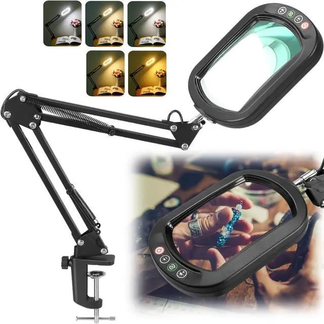 Main image of 10X Rectangle Magnifying Glass with Light, 5 Color Modes Stepless Dimmable Magnifier with Stand, LED Lighted Clamp Desk Lamp with Swing Arm, Hands Free for Reading Painting Crafts Close Work