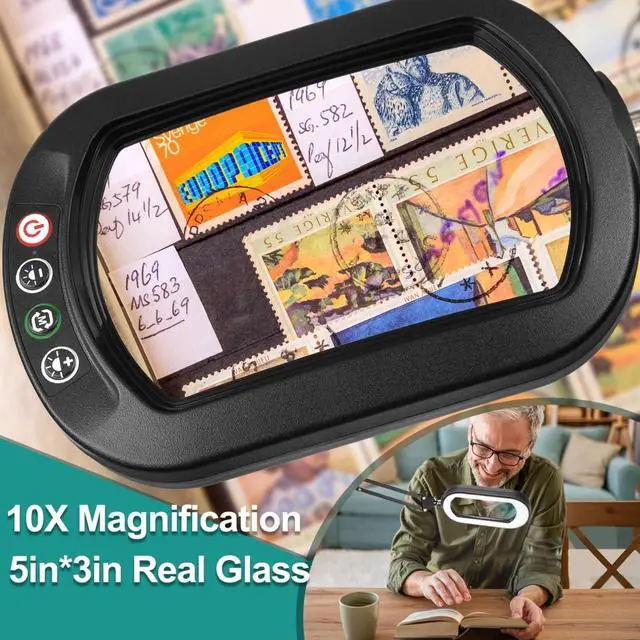 Alt view image 2 of 7 - 10X Rectangle Magnifying Glass with Light, 5 Color Modes Stepless Dimmable Magnifier with Stand, LED Lighted Clamp Desk Lamp with Swing Arm, Hands Free for Reading Painting Crafts Close Work